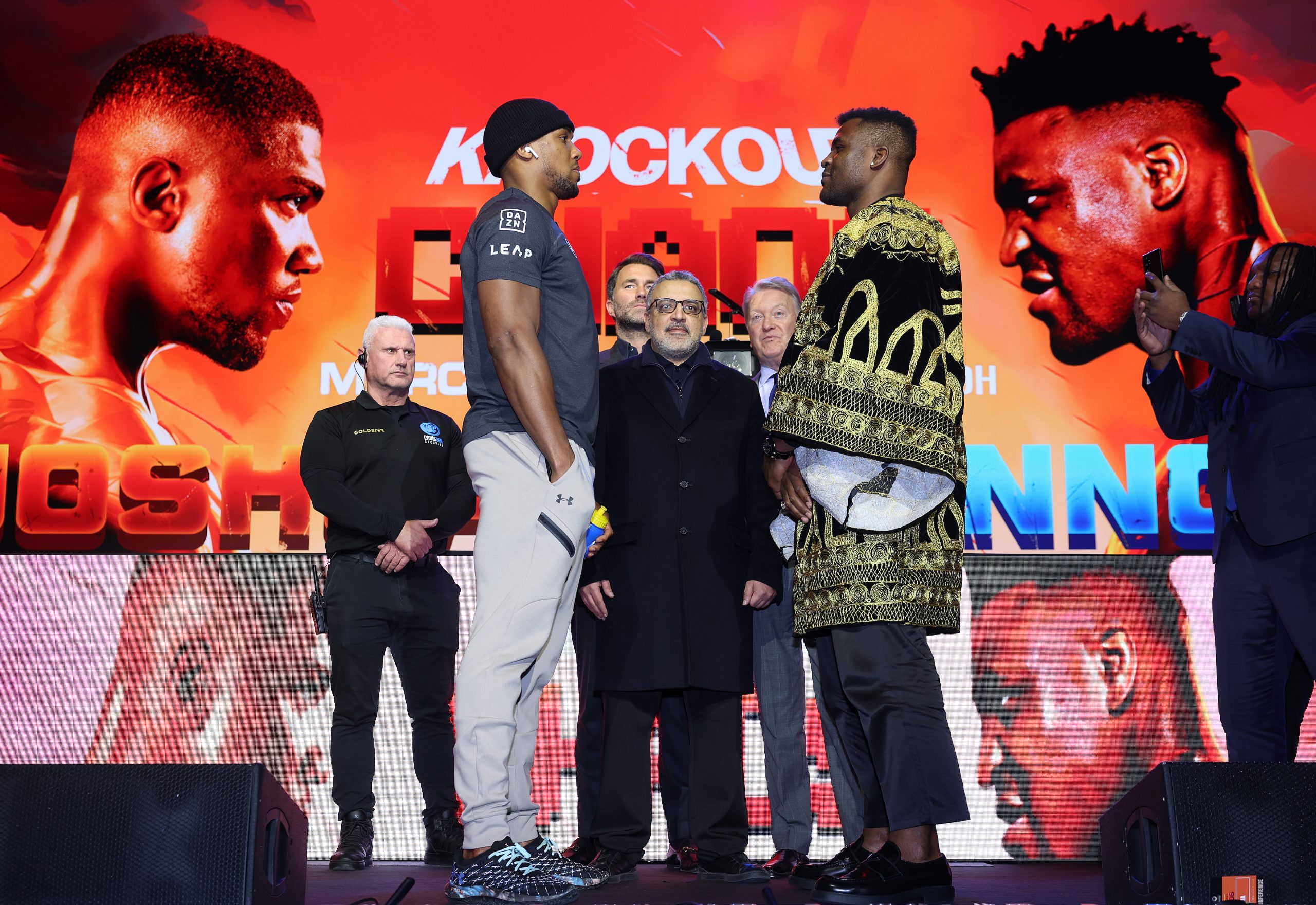 London: Anthony Joshua v Francis Ngannou Press Conference to announce upcoming fight in the Kingdom of Saudi Arabia on 8th March 2023. 15 January 2024 Picture By Mark Robinson Matchroom Boxing Anthony Joshua and Francis Ngannou face off.